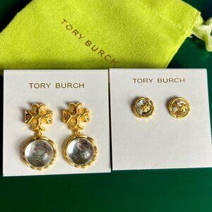 Tory Burch Gold & Clear Crystal Drop And Stud Earrings Set